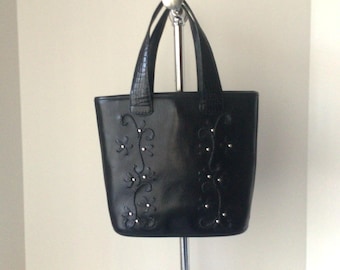Brighton Black Leather Tote Bag / Handbag With Floral Embellishment