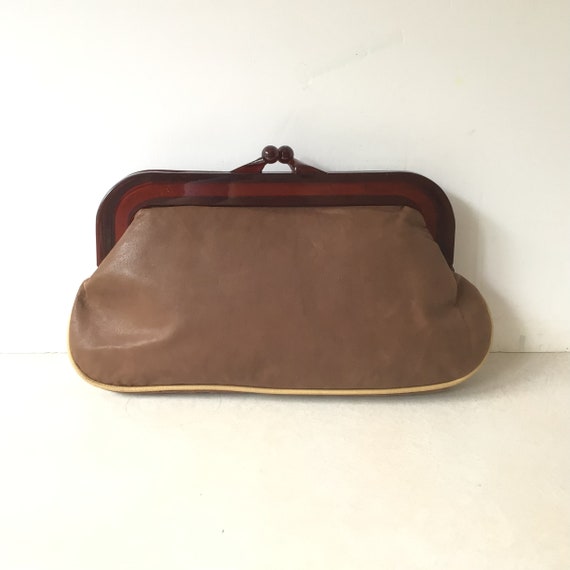 Vintage Brown Clutch With Lucite Handle - image 2