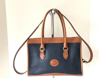 Vintage Dooney & Bourke All Weather Pebble Leather Navy And Tan Shoulder Bag