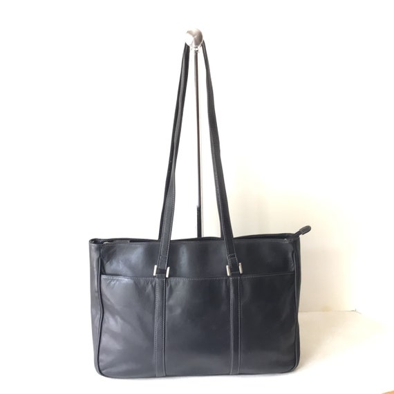 DISSONA Black Leather Large Tote Bag Double Handles Handbag Carryall Gold  Trim