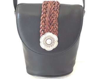 Brighton Black Leather Shoulder Bag With Brown Braided Leather Accent Strap