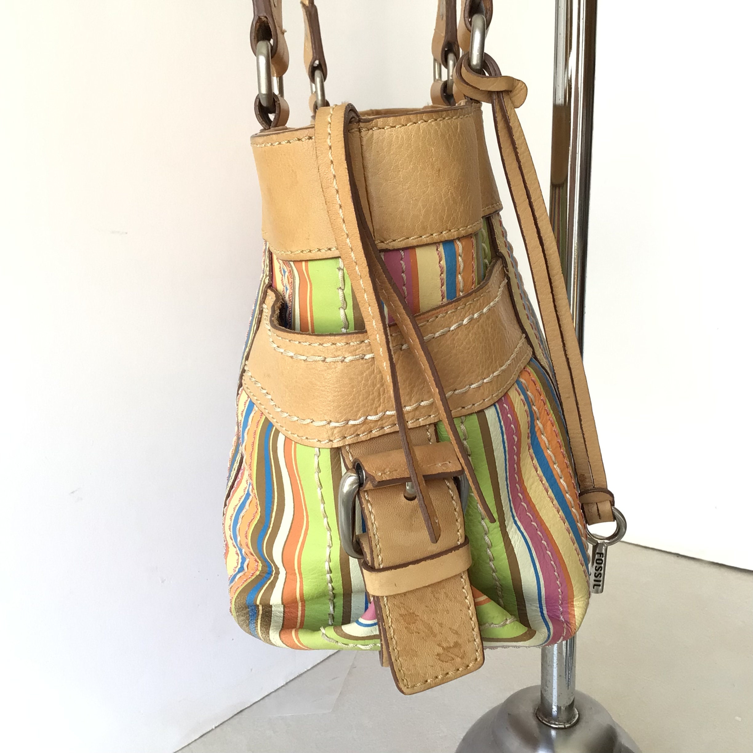 Fossil Striped Multi Colored Leather Shoulder Bag With Key Etsy