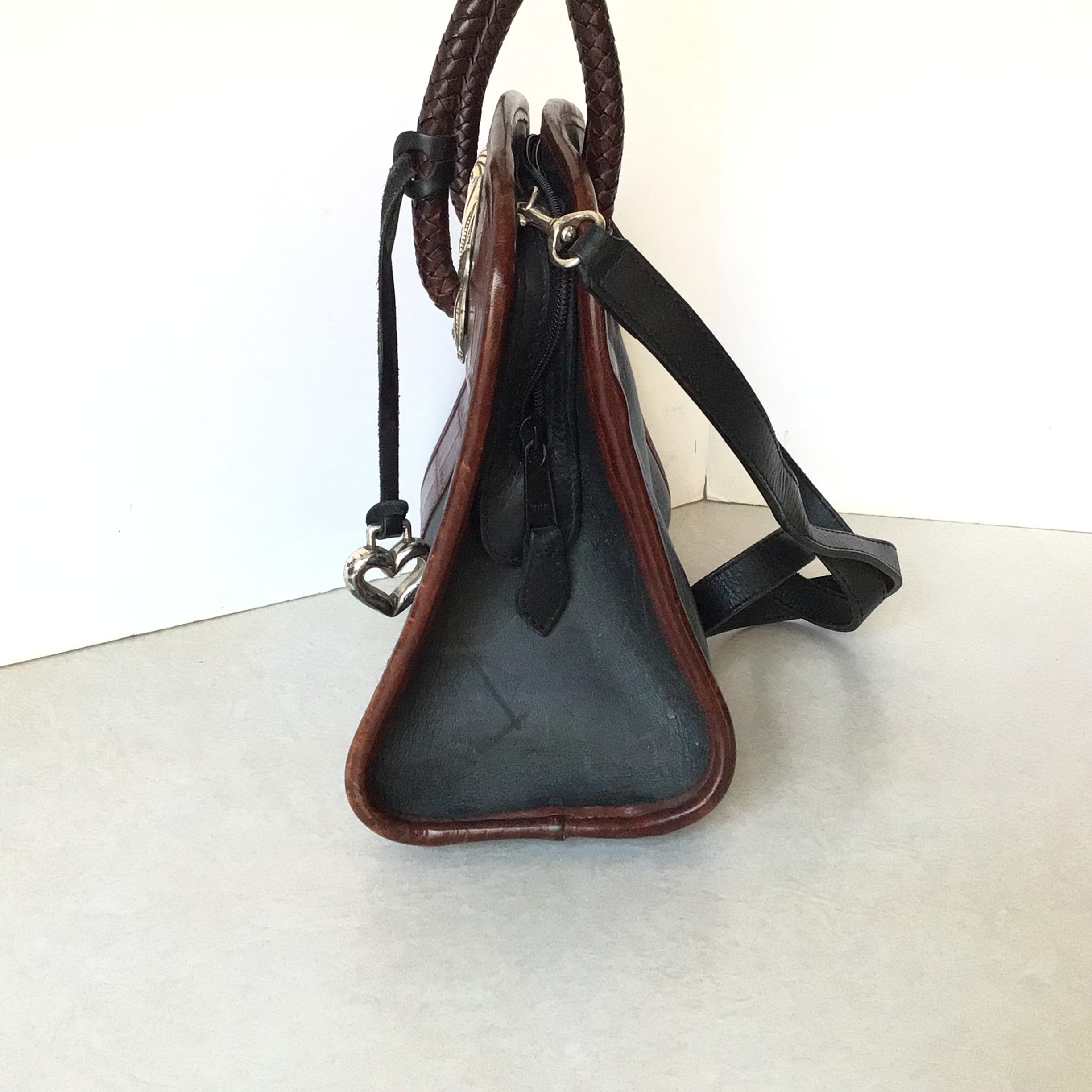 Brighton RARE Vintage Black Leather Shoulder Bag With Brown 