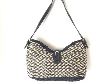 Vintage Woven Paperstraw Shoulder Bag With Black PVC Trim