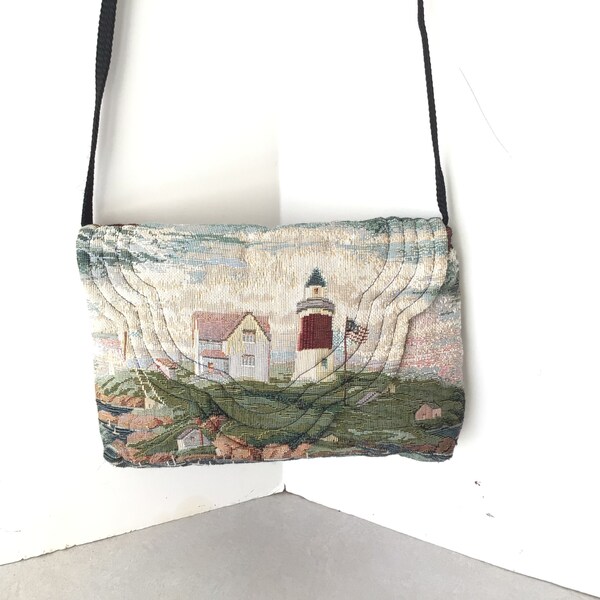 Vintage Tapestry Shoulder Bag With Light House And Sailboat Scenes