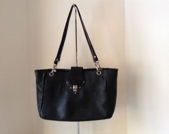 Vintage Large Black Leather Shoulder Tote Made In Italy