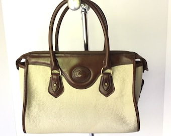 Vintage Dooney & Bourke All Weather Pebble Leather Antique White And Brown Satchel Handbag