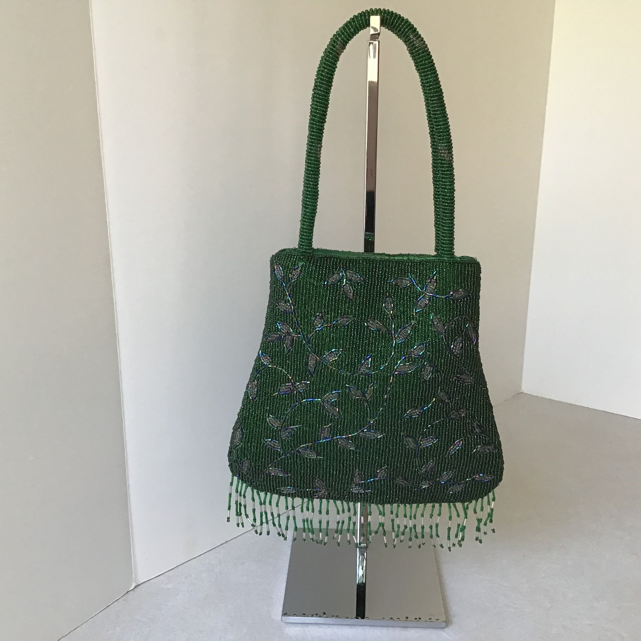 Hand Beaded Green Blue and Purple Leaf Patterned Evening Bag - Etsy