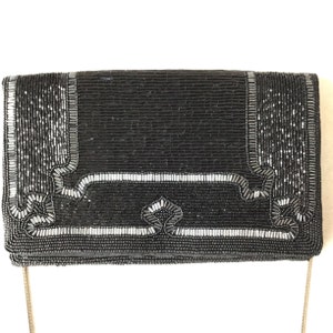 Delill Vintage Black and Silver Beaded Evening Bag With Chain 