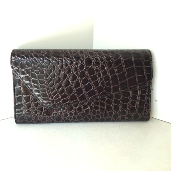 Vintage Dark Brown Faux Patent Leather Croc Embos… - image 1