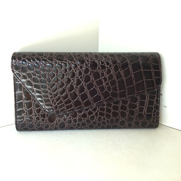 Vintage Dark Brown Faux Patent Leather Croc Embossed Envelope Style Clutch Purse