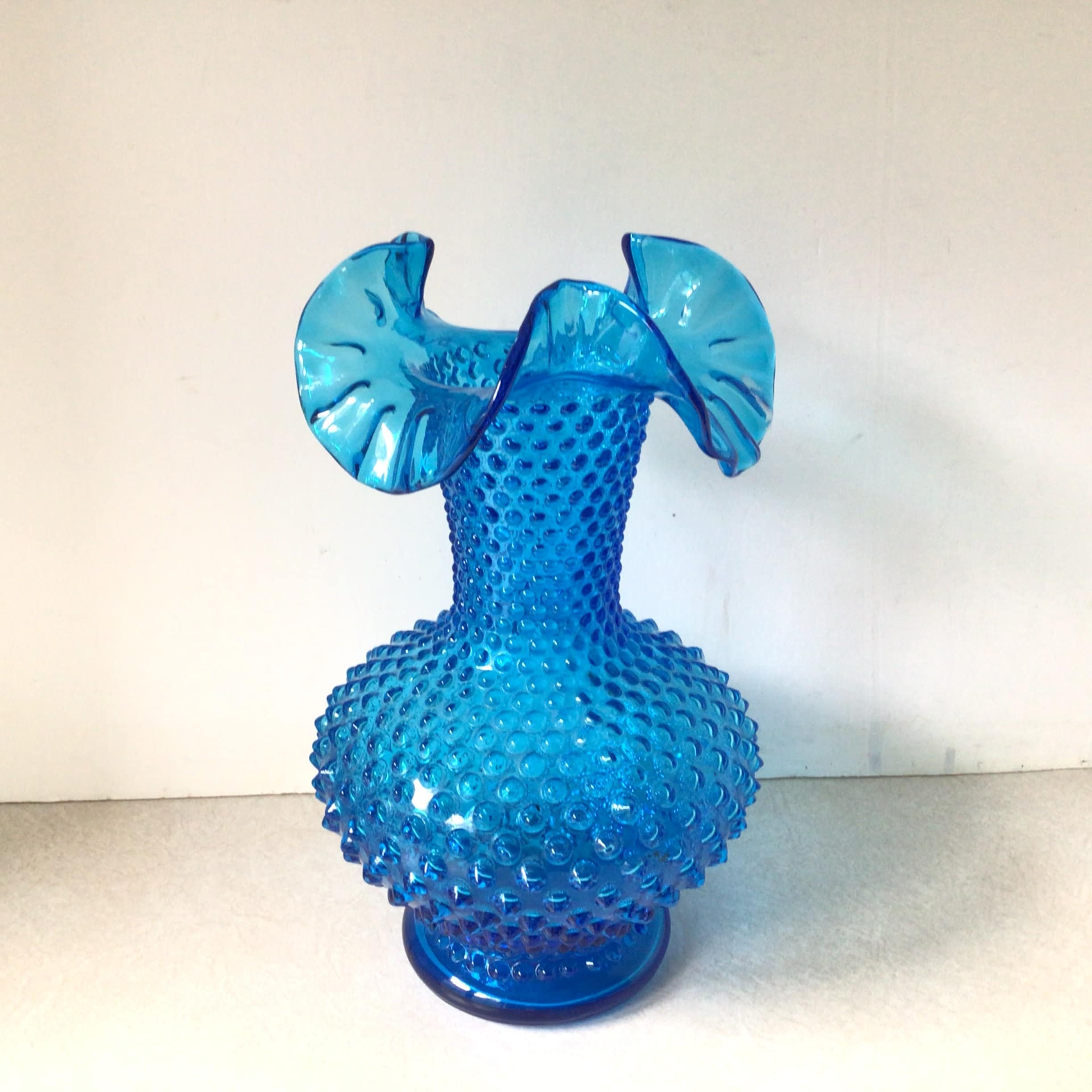 Vintage Fenton Hobnail Blue Vase With Tri- Crimped Ruffle