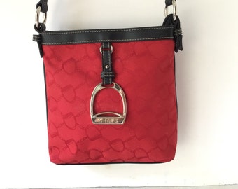CHAPS Ralph Lauren Vintage Cotton Blend And Faux Leather Crossbody Shoulder Bag In Red