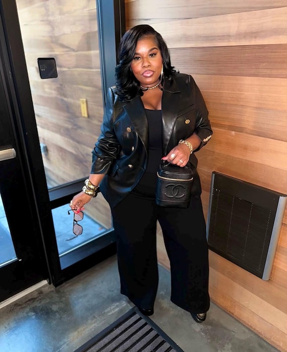 Vegan Leather Black Blazer w/ Gold Details
