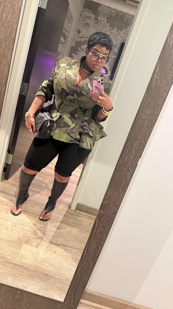 Camo Ruffle Waist Blazer with zipper details