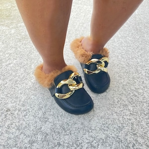 Women s Fur Mule Shoes Black Etsy