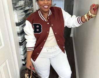 Plus Size Women’s Varsity Jacket  (Brown)