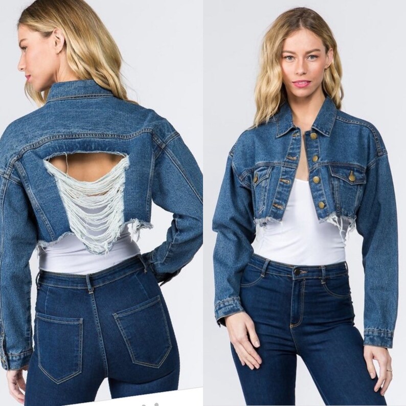 Cropped Distressed Denim Jacket Etsy
