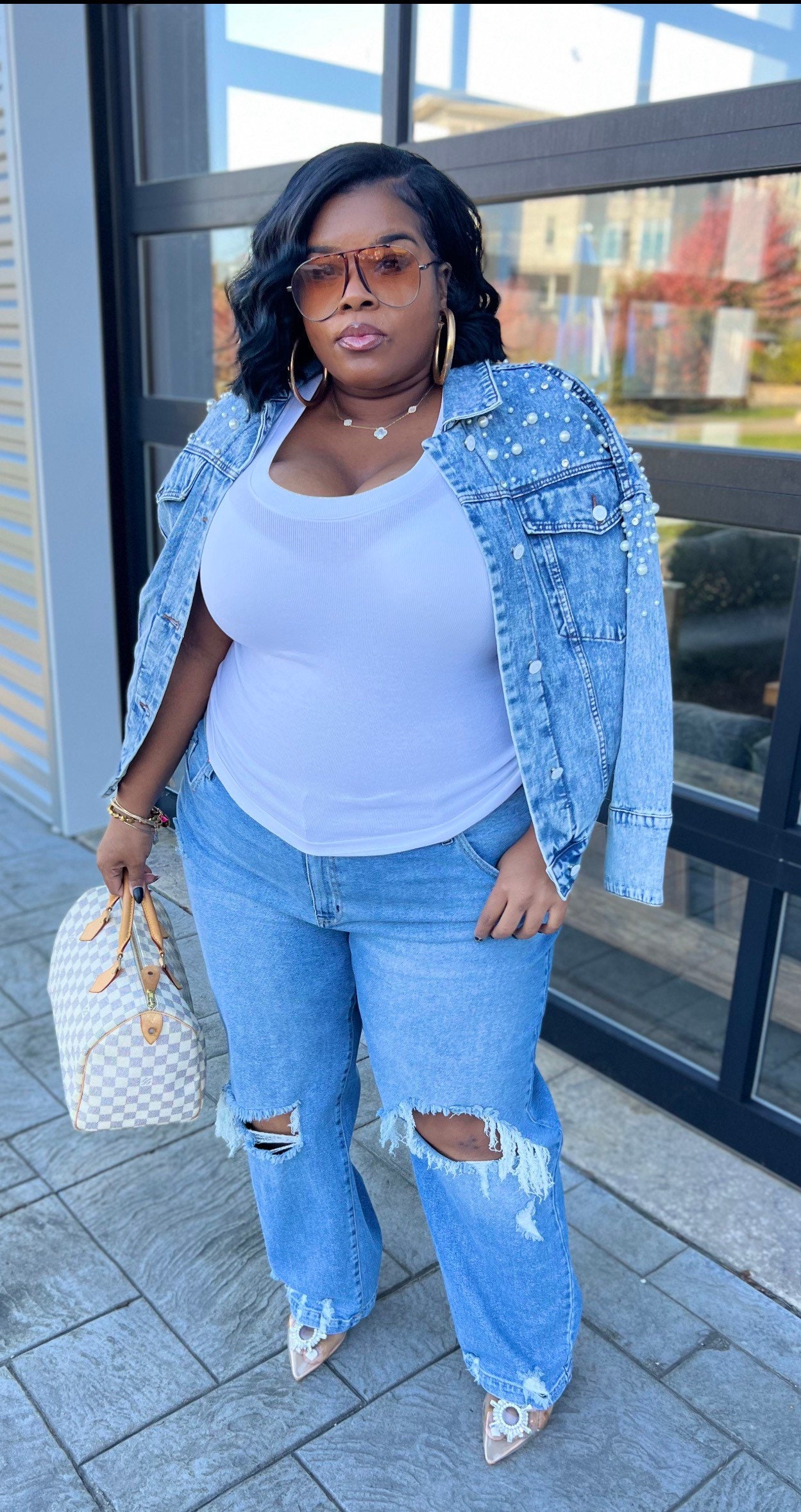Plus size store pearl denim jacket
