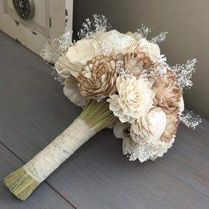 All Ivory and Natural Sola Wood Flower Bouquet with Baby&#39;s Breath - Rustic Bridal Bridesmaid Toss
