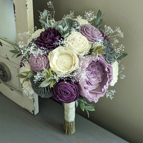 Plum, Charcoal, Lilac, and Ivory Sola Wood Flower Bouquet with Baby's Breath and Greenery - Bridal Bridesmaid Toss