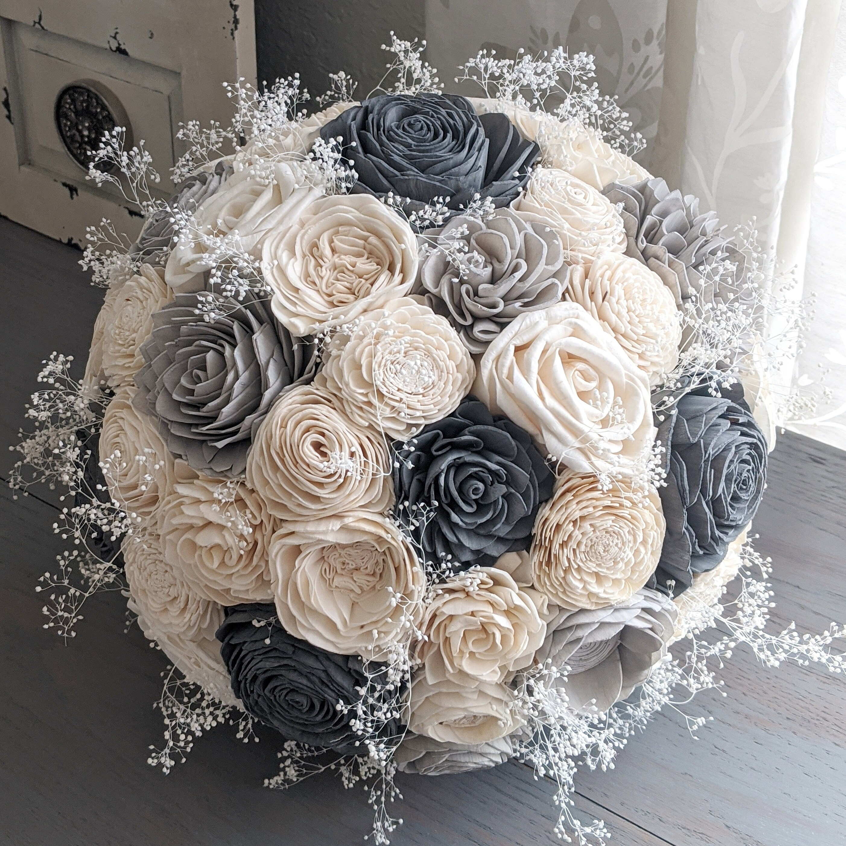 Charcoal, Light Gray, and Ivory Sola Wood Flower Bouquet with Baby's Breath - Bridal Bridesmaid Toss