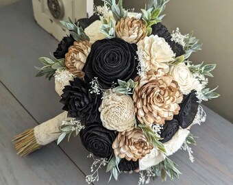 Black, Natural, and Ivory Sola Wood Flower Bouquet with Baby's Breath and Greenery - Bridal Bridesmaid Toss