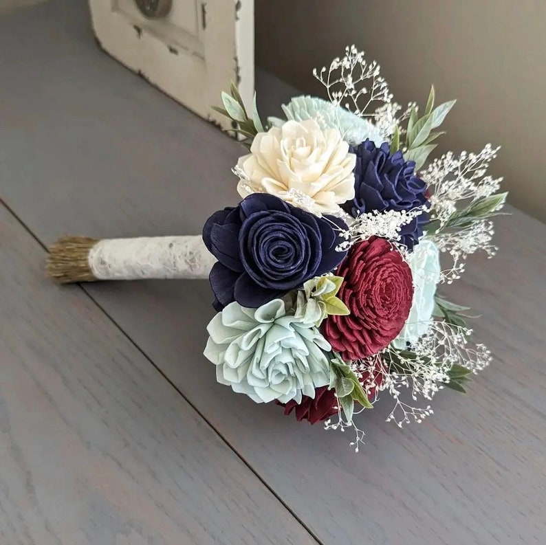 Navy, Burgundy, Light Blue, and Ivory Sola Wood Flower Bouquet with Baby's Breath and Greenery Bridal Bridesmaid Toss image 2