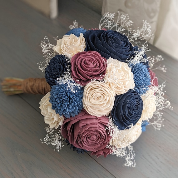 Navy Steel Blue Mauve And Ivory Sola Wood Flower Bouquet Etsy