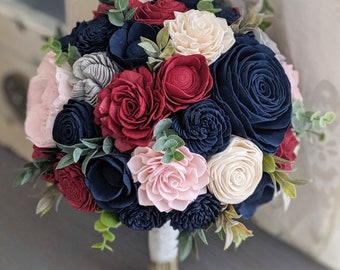 Wine and Navy with Light Gray, Blush, and Ivory Accents Sola Wood Flower Bouquet with Mixed Greenery - Bridal Bridesmaid Toss