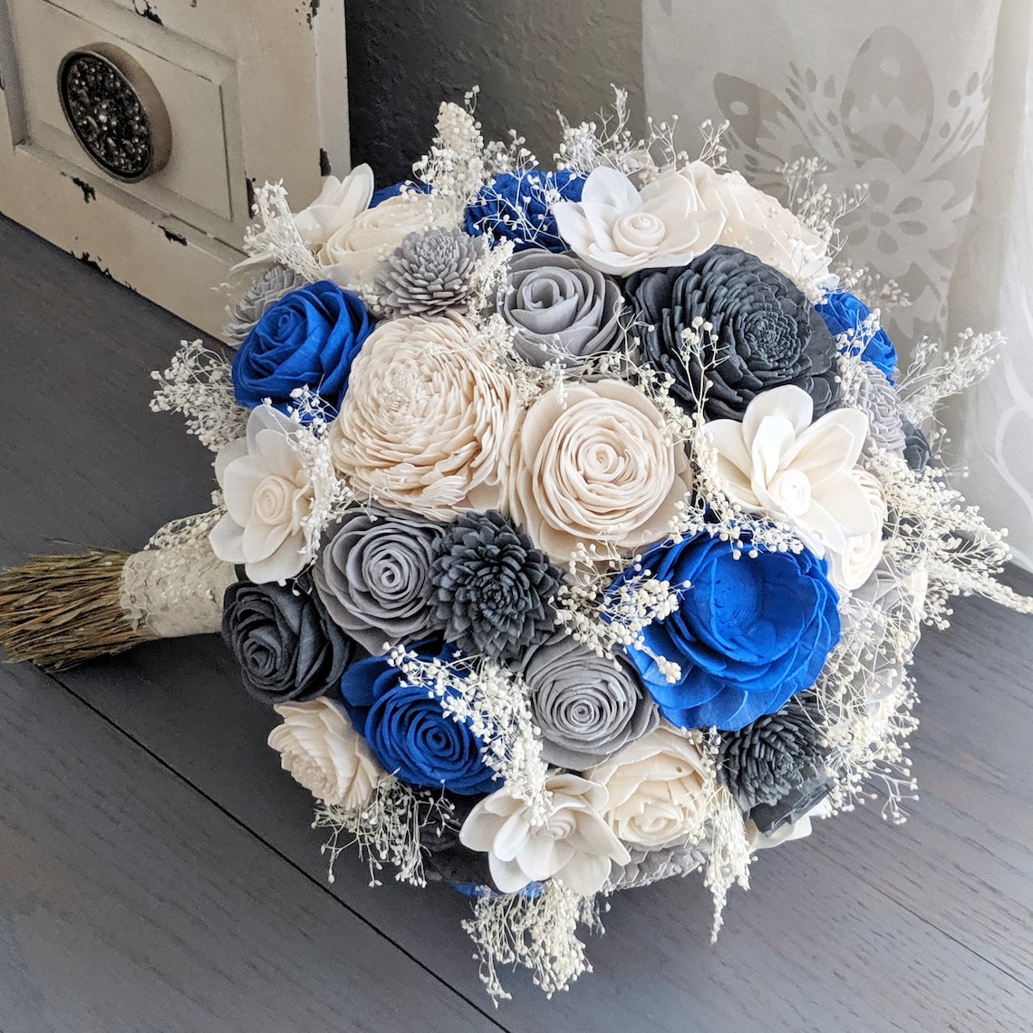 Royal Blue Light Gray Charcoal and Ivory Sola Wood Flower image 1