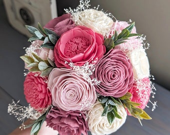 Pink, Blush, Pinkish Mauve, and Ivory Sola Wood Flower Bouquet with Baby's Breath and Greenery - Bridal Bridesmaid Toss