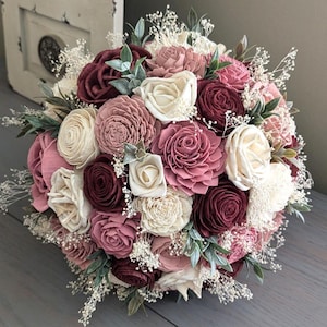Burgundy, Pinkish Mauve, Dusty Rose, and Ivory Sola Wood Flower Bouquet with Baby&#39;s Breath and Greenery - Bridal Bridesmaid Toss