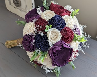 Plum, Navy, Burgundy, and Ivory Sola Wood Flower Bouquet with Baby's Breath and Greenery - Bridal Bridesmaid Toss