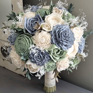 Sage, Dusty Blue, and Ivory Sola Wood Flower Bouquet with Baby's Breath and Greenery - Bridal Bridesmaid Toss