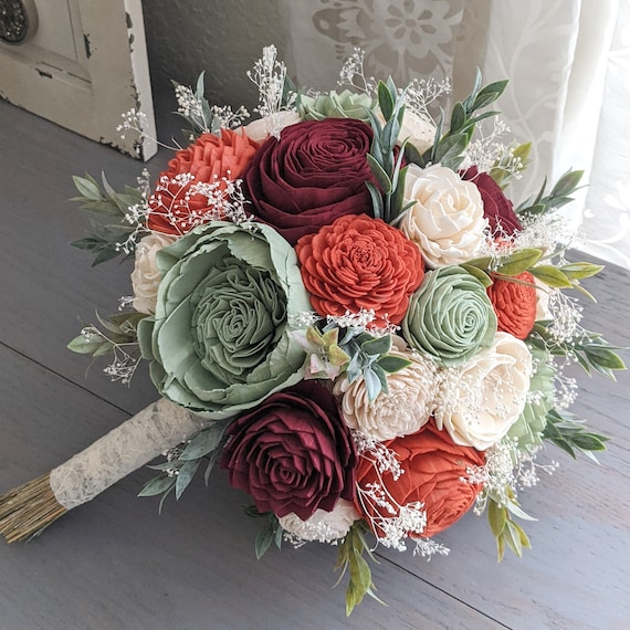 Sage, Burnt Orange, Burgundy, and Ivory Sola Wood Flower Bouquet