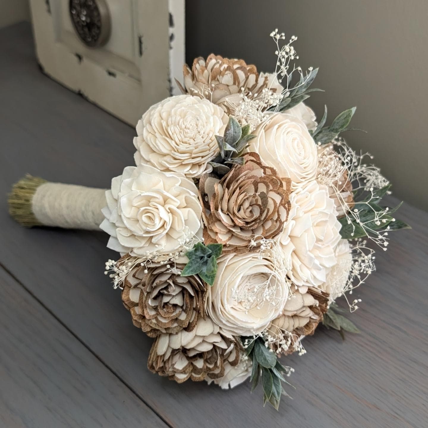 Natural and Ivory Sola Wood Flower Bouquet With Baby's Breath and