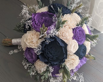 Navy, Purple, and Ivory Sola Wood Flower Bouquet with Baby's Breath and Greenery - Bridal Bridesmaid Toss