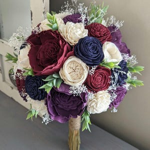 Plum, Navy, Burgundy, and Ivory Sola Wood Flower Bouquet with Baby&#39;s Breath and Greenery - Bridal Bridesmaid Toss