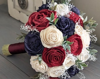 Navy, Wine, and Ivory Sola Wood Flower Bouquet with Baby's Breath and Greenery - Bridal Bridesmaid Toss