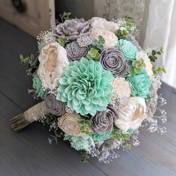 Mint, Light Gray, and Ivory Sola Wood Flower Bouquet with Baby's Breath and Spiral Eucalyptus - Bridal Bridesmaid Toss