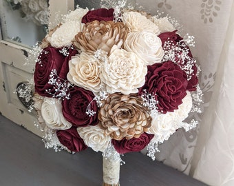 Burgundy, Natural, and Ivory Sola Wood Flower Bouquet with Baby's Breath - Rustic Bridal Bridesmaid Toss