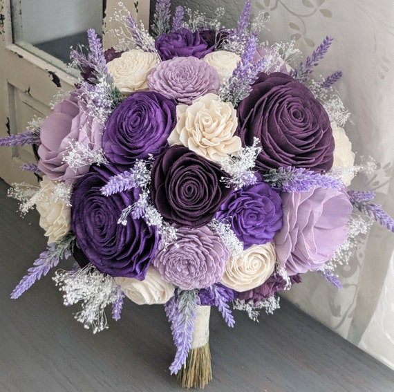Purple Plum Lilac and Ivory Sola Wood Flower Bouquet With