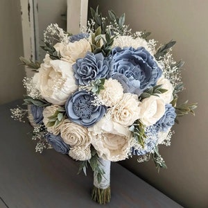 Dusty Blue and Ivory Sola Wood Flower Bouquet with Baby's Breath and Greenery - Bridal Bridesmaid Toss