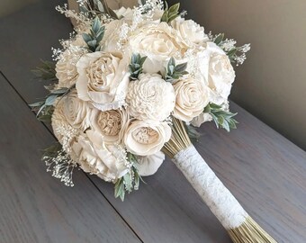 Ivory Sola Wood Flower Bouquet with Baby's Breath and Greenery - Bridal Bridesmaid Toss