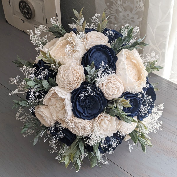 Navy and Ivory Sola Wood Flower Bouquet with Baby's Breath and Greenery - Bridal Bridesmaid Toss