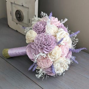 Lilac and Ivory with Blush Accents Sola Wood Flower Bouquet with Lavender and Baby&#39;s Breath - Bridal Bridesmaid Toss