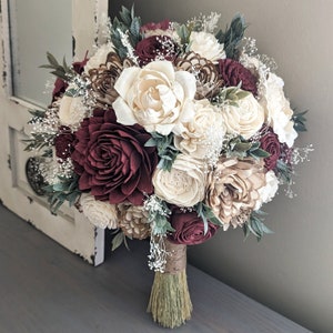 Burgundy, Natural, and Ivory Sola Wood Flower Bouquet with Baby's Breath and Greenery - Bridal Bridesmaid Toss