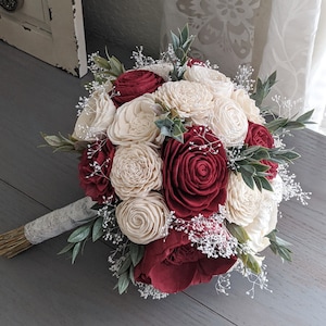 Wine and Ivory Sola Wood Flower Bouquet with Baby&#39;s Breath and Greenery - Bridal Bridesmaid Toss