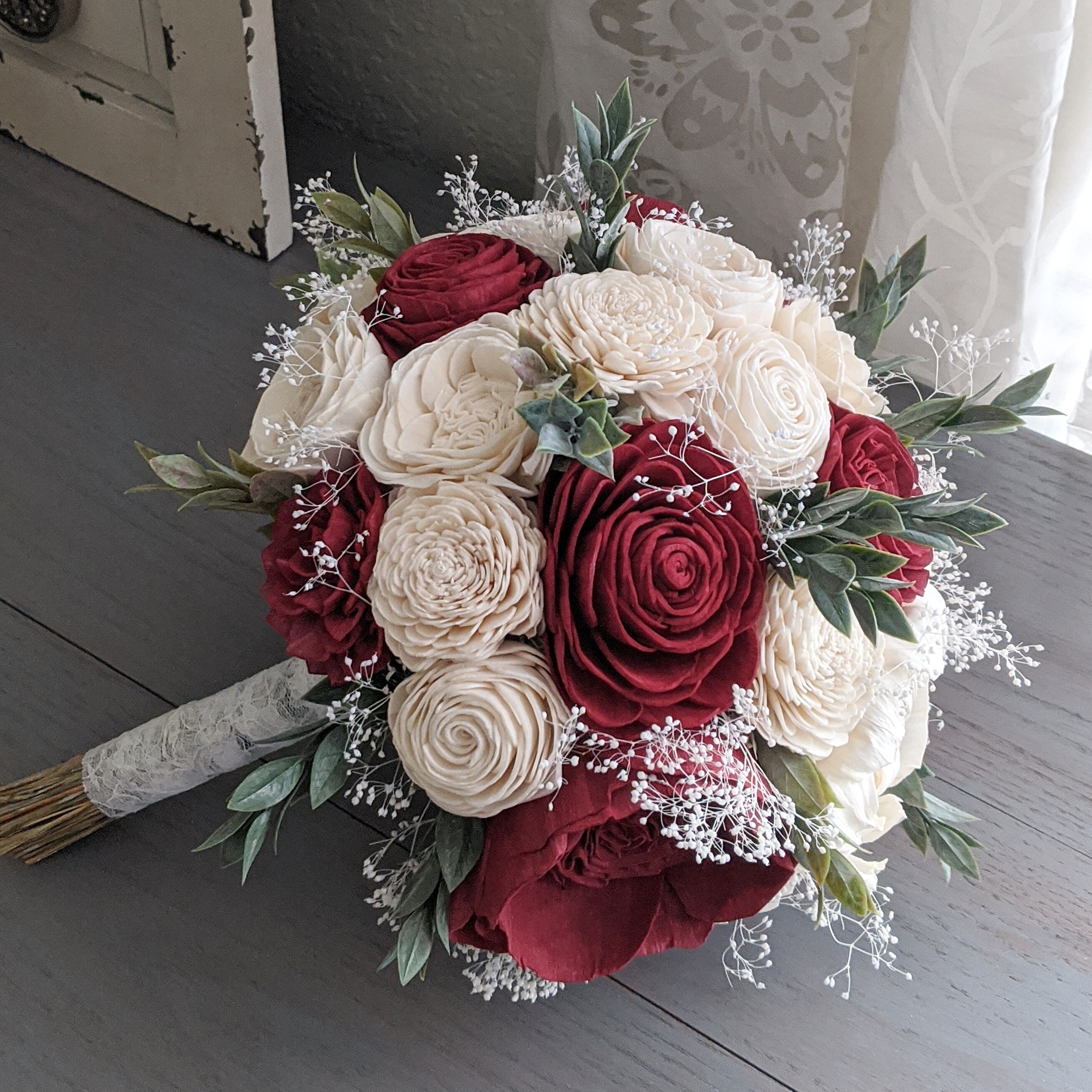 Wine and Ivory Sola Wood Flower Bouquet with Baby's Breath and Greenery - Bridal Bridesmaid Toss